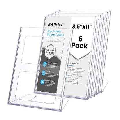 BARsics Plastic Sign Holder 8.5x11 Clear, Top-Load Paper Standing Display (Pack of 6)