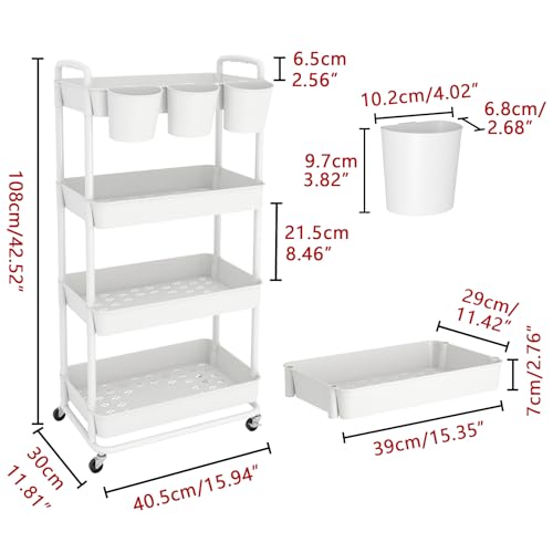 JIUYOTREE 4-Tier Plastic Rolling Storage Cart Utility Cart White - color: White, size: 4-Tier