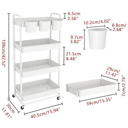 JIUYOTREE 4-Tier Plastic Rolling Storage Cart Utility Cart White - color: White, size: 4-Tier