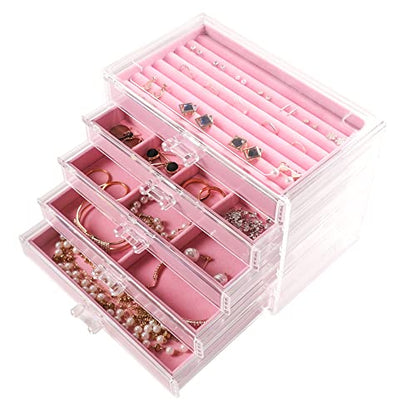 Frebeauty Acrylic Jewelry Box,5-Layer Jewelry Organizer with Drawers - color: Pink