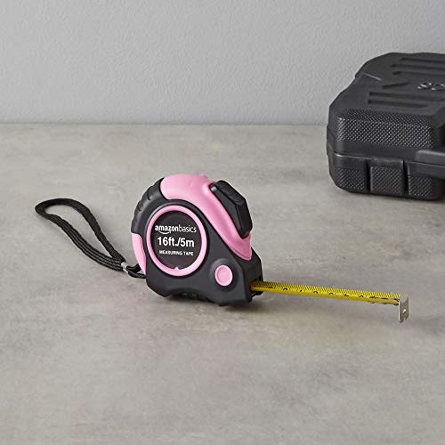 Amazon Basics Retractable Tape Measure with Metric and SAE Measurements, 16ft/5m, Belt Clip, Readable, Pink - color: Pink