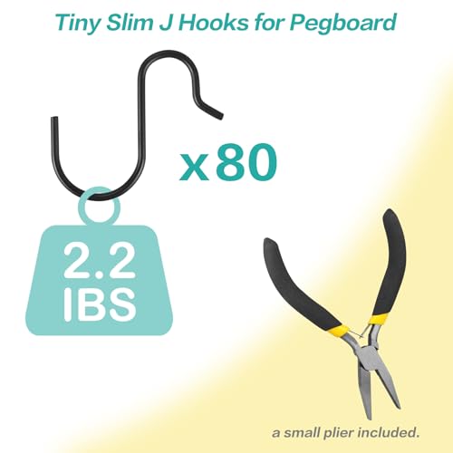 Small Pegboard J Hooks - 80pcs Metal Peg Board S Hangers for Tiny Holes - color: Black