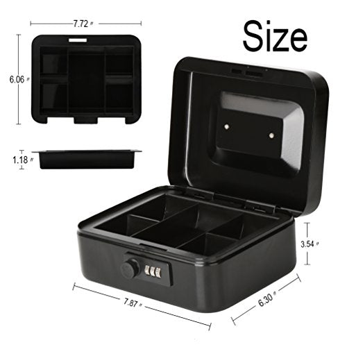 Cash Box with Money Tray, Parrency Medium Money Box with Combination Lock, 7 4/5" x 6 4/5" x 3 3/5", Black - color: Combo Black, size: Medium（7.87")