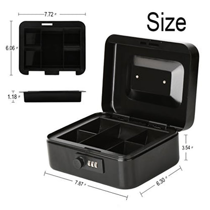 Cash Box with Money Tray, Parrency Medium Money Box with Combination Lock, 7 4/5" x 6 4/5" x 3 3/5", Black - color: Combo Black, size: Medium（7.87")