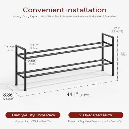 Bumusty 2 Tier Long Expandable Shoe Rack for Closet, Black - color: Black, size: 2-tier