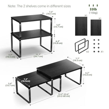 Simple Trending Cabinet Organizer Shelf, Set of 2 Stackable Kitchen Counter Shelves, Expandable Spice Rack Kitchen Storage Riser, Metal Engineered Wood, Black - color: Black