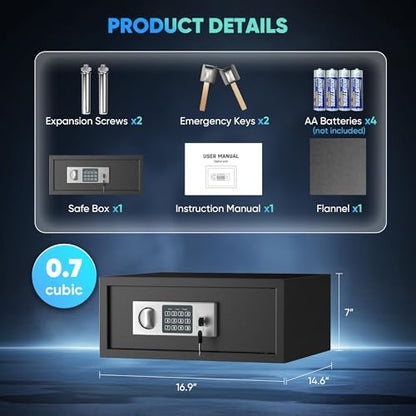 Locksworth Safe 0.7 Cubic Feet Safe Box with Electronic Keypad & Keys, Digital Security Lock Box for Home and Business Use, Money, Valuables, Guns, Jewelry and Documents, 16.9"W x 14.6"D x 7"H - size: 0.7 Cubic Feet