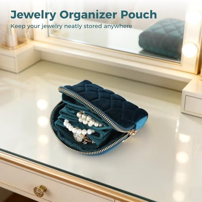 Quilted Velvet Jewelry Organizer Pouch, Velvet Zipper Jewelry Bag with Multiple Compartments, Compact Travel Jewelry Storage Case for Rings Earrings Bracelets Necklaces
