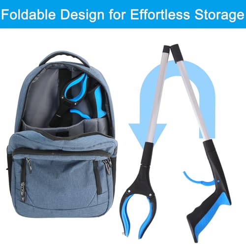 4 Pack Reacher Grabber Set: 32" Foldable Pick Up Tool with Magnet (Blue/Yellow), 16" Stainless Steel & 12" Mini Iron Grabber, 360° Rotating Head Trash Picker for Seniors & Garden - color: 32"blue&yellow+16"gray+12"black - 4pack