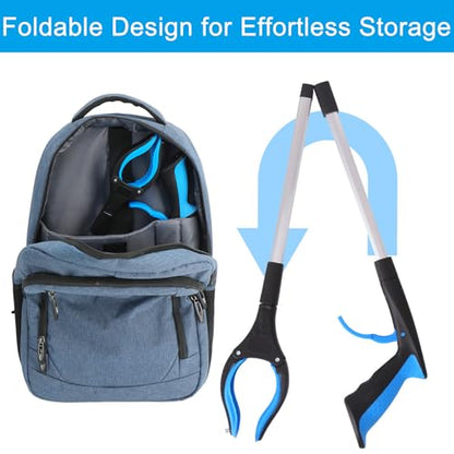 4 Pack Reacher Grabber Set: 32" Foldable Pick Up Tool with Magnet (Blue/Yellow), 16" Stainless Steel & 12" Mini Iron Grabber, 360° Rotating Head Trash Picker for Seniors & Garden - color: 32"blue&yellow+16"gray+12"black - 4pack