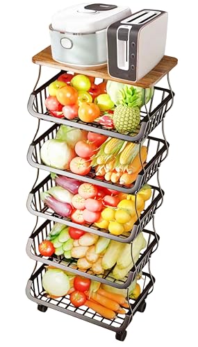 MURRI&MURRDI Fruit Vegetable Storage Basket with Wooden Lid, 6 Tier Stackable Wire Kitchen Cart with Wheels, Tall Produce Snack Racks Display, Narrow Rolling Cart for Pantry Onion Potato, Black - color: 6 Black