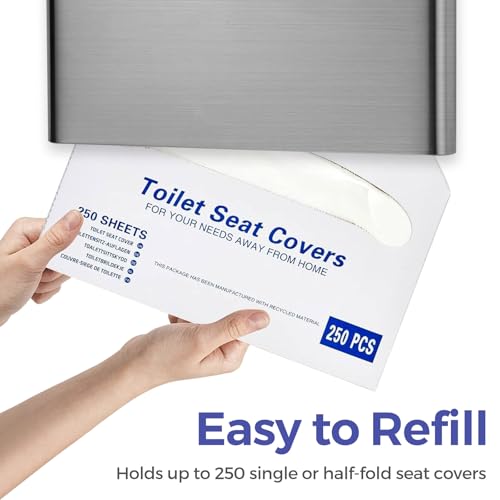 Stardrix Slim Brushed Stainless Steel Toilet Seat Cover Dispenser – Designer Wall-Mount Holder with Curved Edges and Large Capacity for Single or 1/2 Fold Covers, Aesthetic and Modern Look - color: Brushed