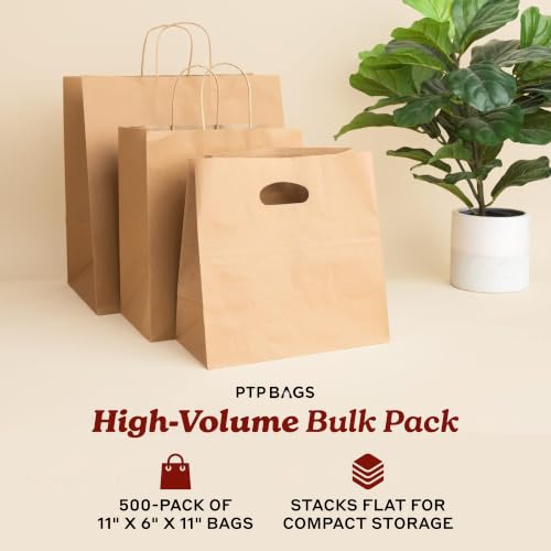 Natural Brown Kraft Paper Bags with Die Cut Handles - 11" x 6" x 11" - color: Natural, size: 1 Count (Pack of 500)