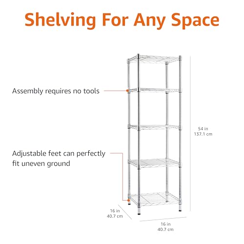 Amazon Basics 5-Shelf Tower Adjustable Storage Shelving Unit, Chrome, 16" x 16" x 54", 150 lbs Per Shelf - color: Chrome, size: 16"L x 16" W x 54"H, style: 5 -Shelf