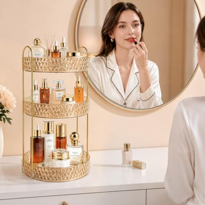 Large Capacity Rotating Makeup Organizer Perfume Stand Holder, 3 Tier Gold - color: Gold, size: 3 Tier (Standard)
