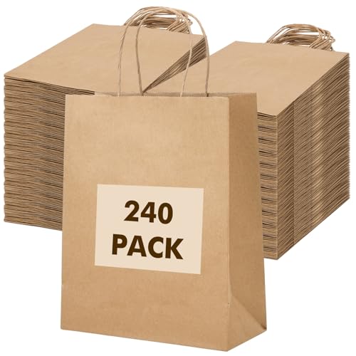 OUTUXED 240pcs 8x4x10in Brown Paper Bags with Handles Kraft Paper Gift Bags - color: Brown