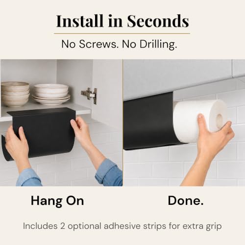 Aureo Covered Paper Towel Holder Under Cabinet, No Drill, Hooks Over Shelf - color: Black