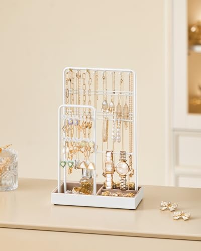 SONGMICS Jewelry Holder, Display Stand, Metal Frame, Velvet Tray - color: Matte White, size: 4.5"D x 7.7"W x 12.1"H