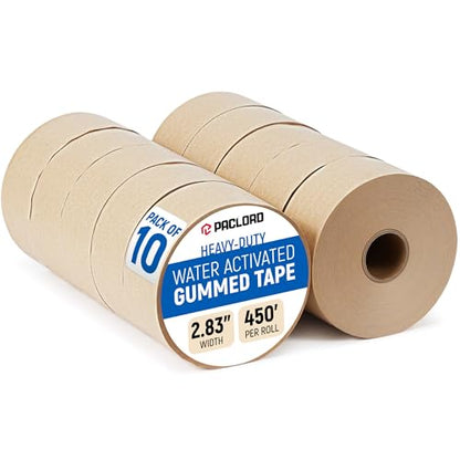 2.83" x 450' Water Activated Kraft Tape, Pack of 10 – Reinforced Gummed Paper Packing Tape for Shipping Boxes, Tamper-Proof, Eco Friendly, Strong Seal, Writeable Surface - style: Pack of 10
