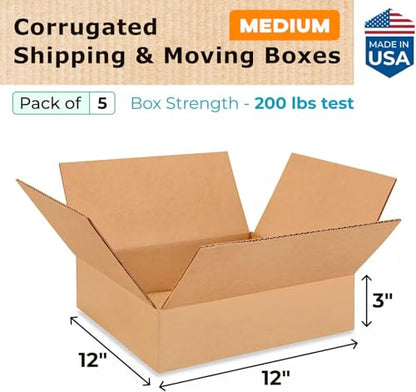 Medium Moving & Shipping Boxes 12 x 12 x 3 inches (5-Pack) - Extra Strength 200 lb vs Regular - Corrugated Durable Boxes for Packaging - Shipping Box Medium - Heavy Duty Box by IDL Packaging - size: 12 * 12 * 3" (Medium Boxes)