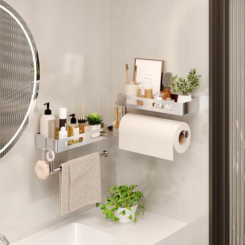 Paper Towel Holder Wall Mount for Bathroom, Paper Towel Holder with Shelf for Kitchen, RV Paper Towel Rack Stainless Steel, Silver - color: Silver
