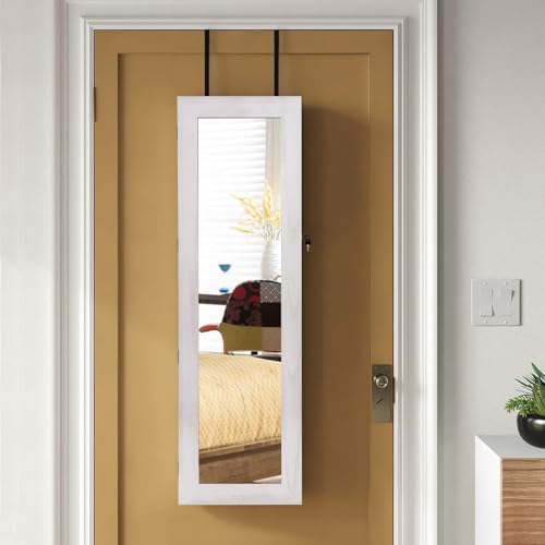SRIWATANA Washed White Jewelry Cabinet with Full Length Mirror, Solid Wood - color: Washed White