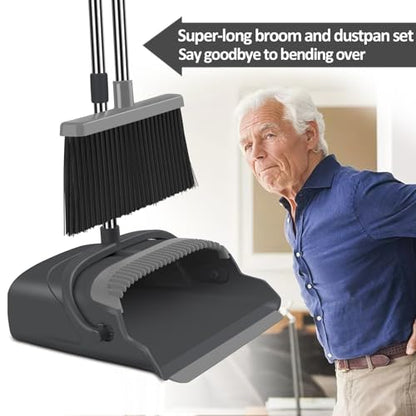Broom and Dustpan Set for Home, Office, Indoor&Outdoor Sweeping, Stand Up Broom and Dustpan (Black&Gray) - color: Black&gray