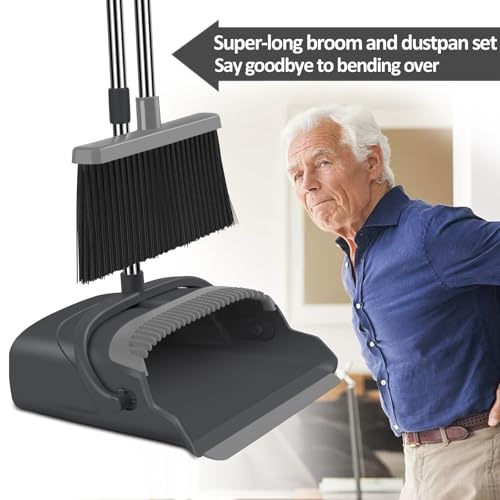 Broom and Dustpan Set for Home, Office, Indoor&Outdoor Sweeping, Stand Up Broom and Dustpan (Black&Gray) - color: Black&gray