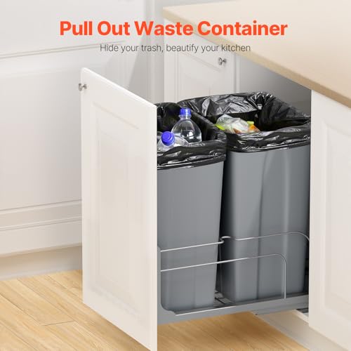 VEVOR Pull-Out Trash Can, 50 QT x2 Double Under Mount Kitchen Waste Container, Heavy Duty Garbage Recycling Bin with Door Kit and Soft Close Slide, for Kitchen Cabinet, Sink, Under Counter (Grey) - size: 100 QT (50 QT x 2), style: With Soft Close