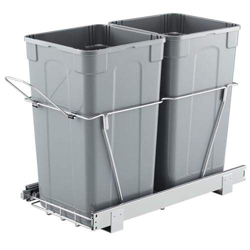 VEVOR Pullout Trash Can for Kitchen Cabinets, 27QTx2 Double Under Sink Garbage Waste Recycling Bin, Under Mount Waste Container, with Heavy Duty Metal Full Extension Sliding System and Handle Grey - size: 54QT(27QTx2)