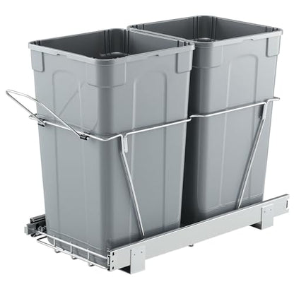 VEVOR Pullout Trash Can for Kitchen Cabinets, 27QTx2 Double Under Sink Garbage Waste Recycling Bin, Under Mount Waste Container, with Heavy Duty Metal Full Extension Sliding System and Handle Grey - size: 54QT(27QTx2)