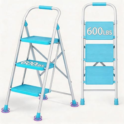 Step Ladder Foldable Folding Stool - for Home Adults Kitchen 3 Stepping Extension Tall Heavy Duty with Handrails - Closet Stepstool Stair Ladders Extendable Stepladder for Indoor House 600Lbs