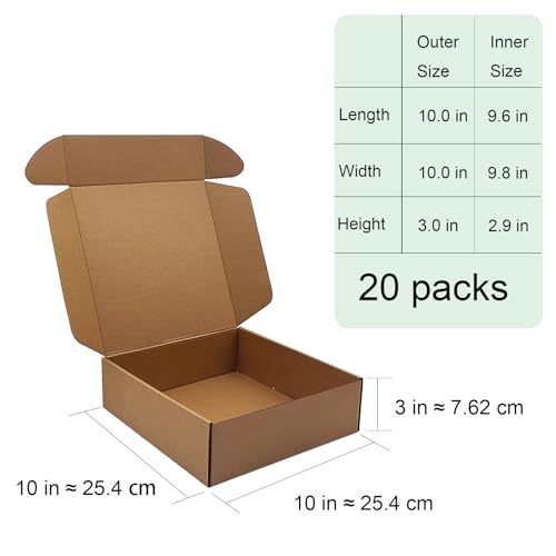 10x10x3 inch Shipping Boxes 20 Pack, Brown Corrugated Cardboard Mailer Box - size: 10" x 10" x 3"