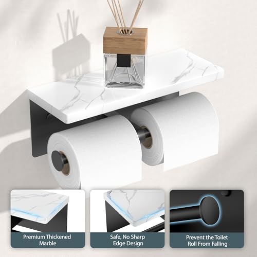 FORIOUS Double Marble Toilet Paper Holder with Phone Shelf, Mattle Black - color: Matte Black, size: Double Roll