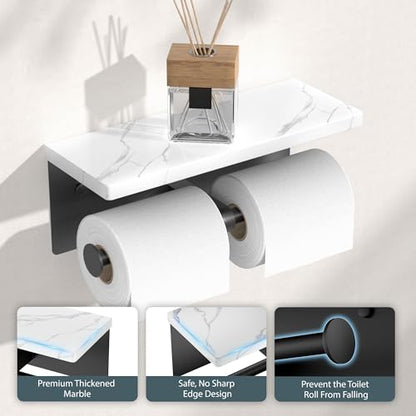 FORIOUS Double Marble Toilet Paper Holder with Phone Shelf, Mattle Black - color: Matte Black, size: Double Roll