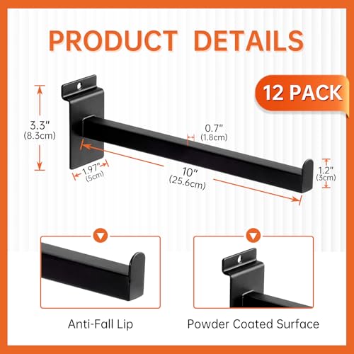 10 Inch Square Tubing Slatwall Shelf Bracket , Heavy Duty Slat Wall Floating Shelf Bracket with Lip, Slatwall Accessories for Retail Display,Garage (12Pcs, Black) - size: 10 Inch