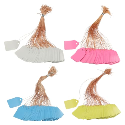 PATIKIL 400Pack Price Tags with String, 25x35mm Plastic Tags Hanging Plastic Wire Shelf Label Holder Waterproof Writable for Labeling Retail Sale Merchandise Shelf, White Pink Yellow Blue - color: White Pink Yellow Blue, size: 25x35mm