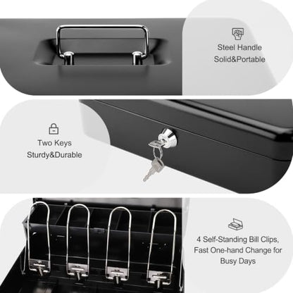 Jssmst Cash Box with Key Lock - 1mm Thick Metal Money Box for Garage Sales, Yard Sales and Petty Cash, Portable Cash Drawer with Coin Tray & Spill-Proof Foam Coin Cover, 4 No-Pinch Bill Clips,11.8'' - color: Black Key