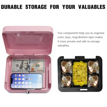Steel Cash Box with Key Lock, Metal Small Money Organizer with Money Tray,Cash Storage Box with Lockable Cover (Pink - 7.8" x 6.3" x 3.3") - color: Pink - 7.8" x 6.3" x 3.3"