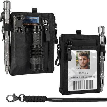 LIUGX Tactical ID Card Holder, Badge Holder with Lanyard, 3-in-1 Fabric - color: Black Edc Pouch Ver