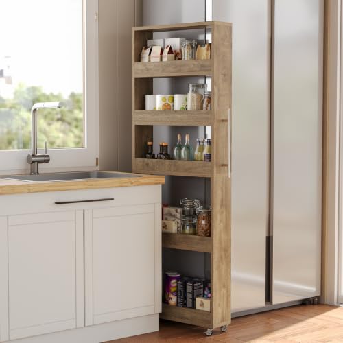 LITTLE TREE 63-Inch Slim Storage Cart on Wheels, 5-Tier Tall Narrow Mobile Shelf Organizer, Rolling Utility Cart with Metal Handle for Kitchen, Dining Room, Small Spaces, Brown - color: Brown