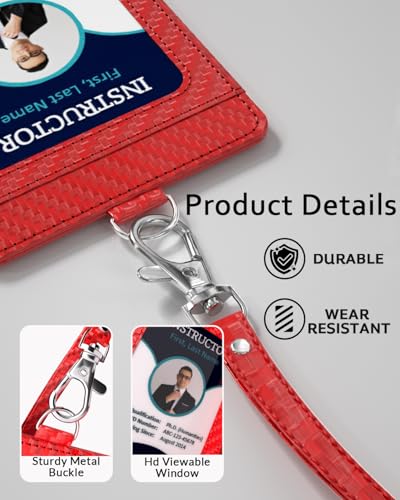 Carbon Fiber Work ID Card Holder with Lanyard, Red - color: Red