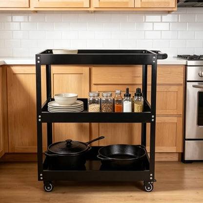 3-Tier Utility Cart, 330 Lbs Load Capacity, Heavy Duty Rolling Tool Cart with Wheels, Black Steel Service Cart for Workshop and Garage Storage