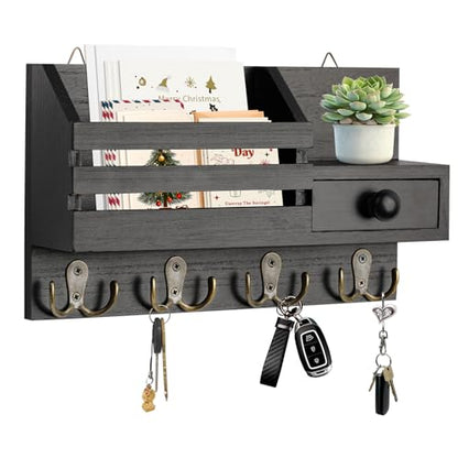 Key Holder Wall Mount, Wooden Key and Mail Organizer, Black - color: Black