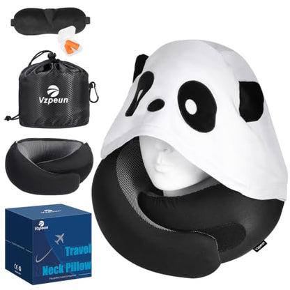 Travel Pillow - Hooded Neck Pillow Airplane Memory Foam Filling - color: Panda