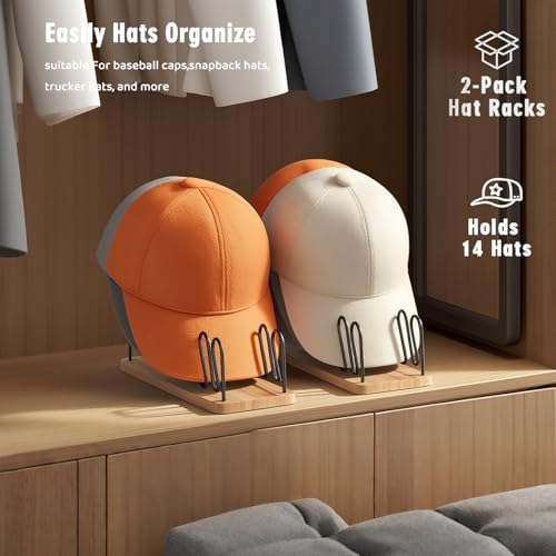 UdoUto Hat Organizer for Baseball Caps, 2 Pack Wood & Metal Hat Rack - color: Natural wood