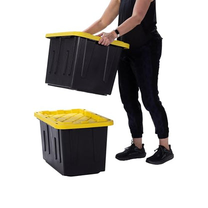 Plastic 23-Gallon Storage Tote with Lockable Lid, Stackable Tough Regular-Duty Bin for Garage, Tools, and Home Organization (4-Pack) - Black and Yellow - size: 23-Gallon (4-Pack)