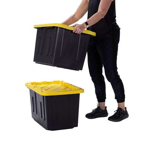 Plastic 23-Gallon Storage Tote with Lockable Lid, Stackable Tough Regular-Duty Bin for Garage, Tools, and Home Organization (2-Pack) - Black and Yellow - size: 23-Gallon (2-Pack)
