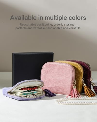 Travel Jewelry Case, Velvet Pouch Bags with Zipper, Plum Purple - color: Plum Purple