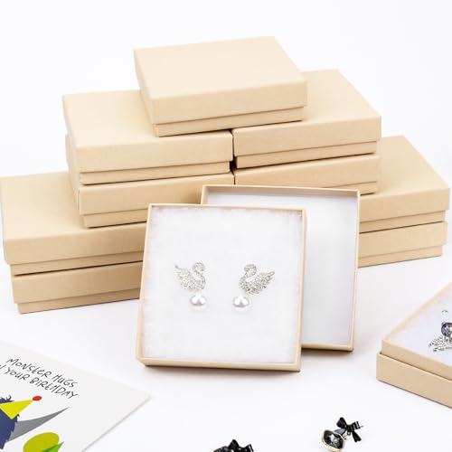Cardboard Jewelry Gift Boxes, 20 Pack 3.5x3.5x1 Inch, Bulk Cotton Filled Small Jewelry Boxes with Lids for Necklace Ring Bracelet Earring Display Box (Brown) - color: Brown, size: 3.5x3.5x1 Inch (Pack of 20)